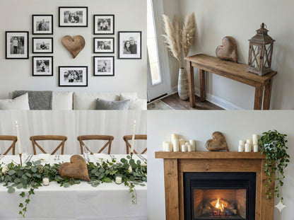 Collage of a hand-carved solid wooden heart displayed on a wall, console table, dining table, and mantel.