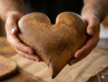 Hands hold a smooth, hand-carved solid wooden heart, treated with natural oils, displaying rich grain.