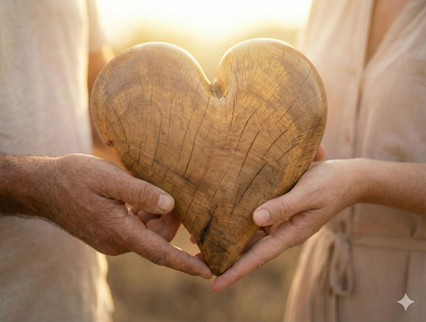 Two pairs of hands cradle a solid, hand-carved wooden heart with visible grain and natural cracks.