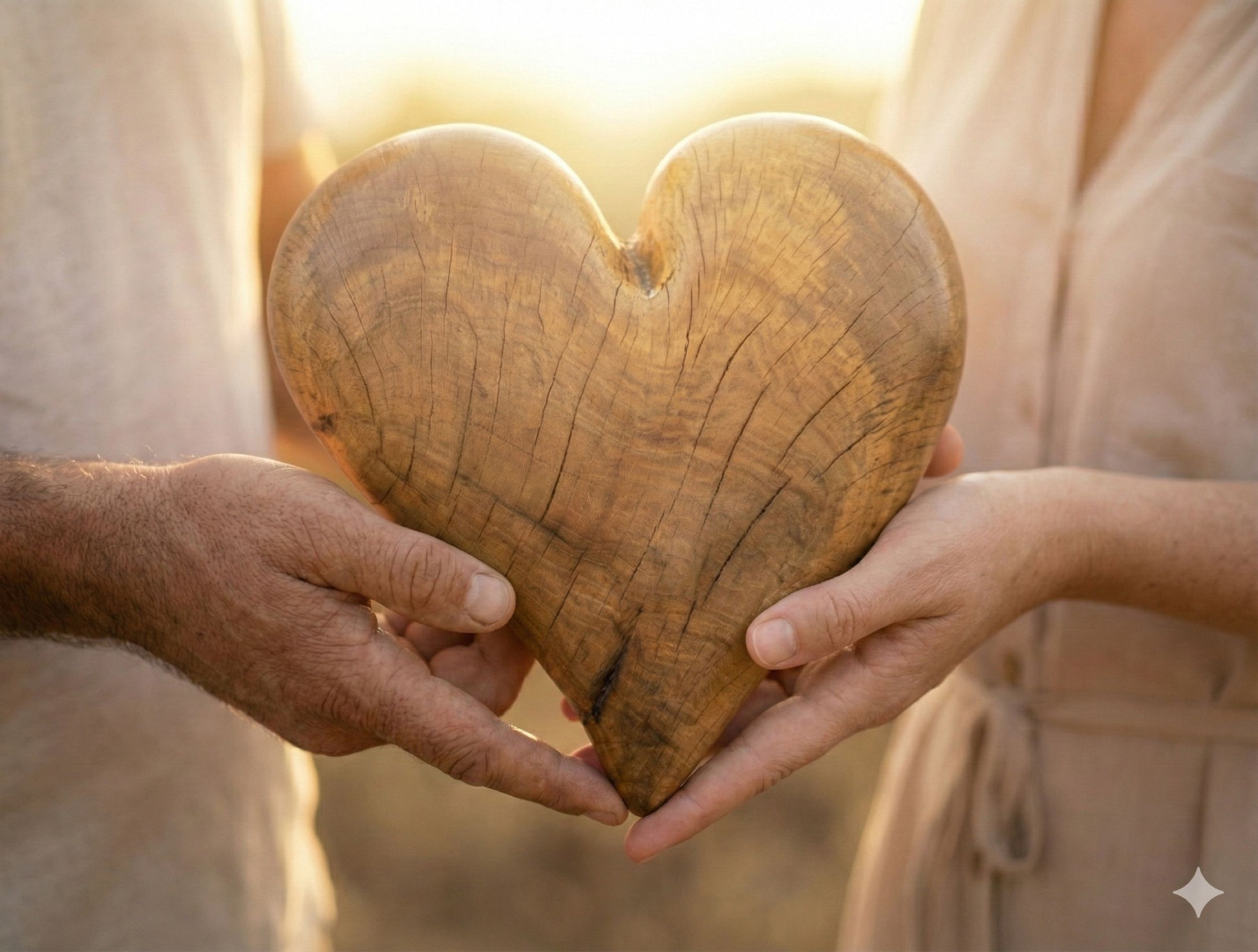 Two pairs of hands cradle a solid, hand-carved wooden heart with visible grain and natural cracks.