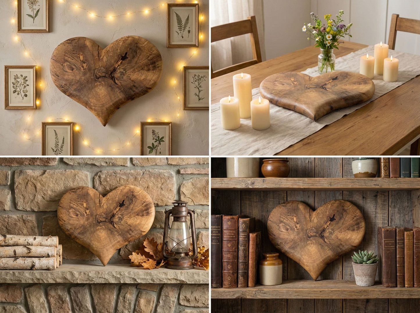Collage showing hand-carved wooden heart displayed on wall, dining table, fireplace mantel, rustic shelf.