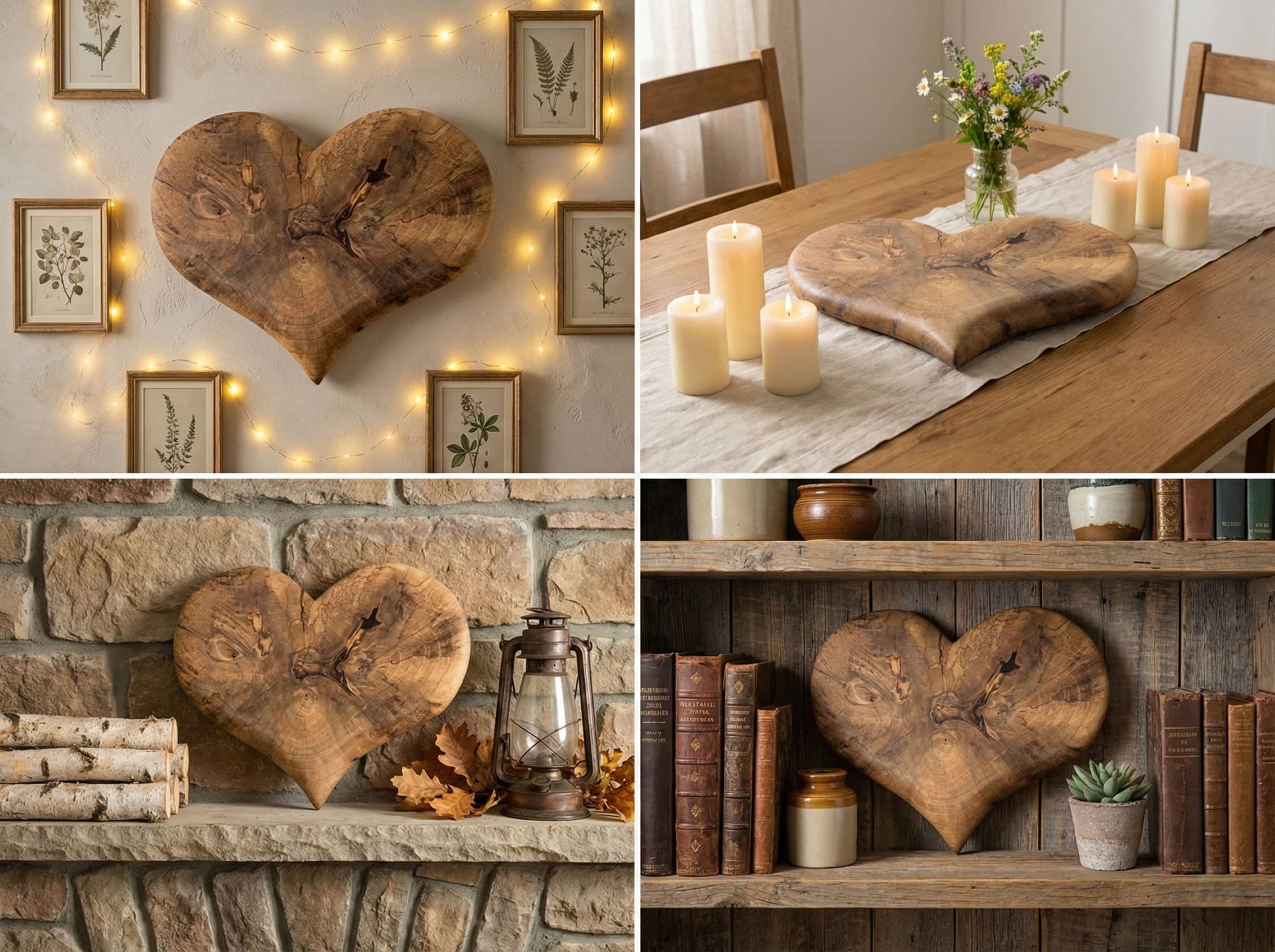 Collage showing hand-carved wooden heart displayed on wall, dining table, fireplace mantel, rustic shelf.