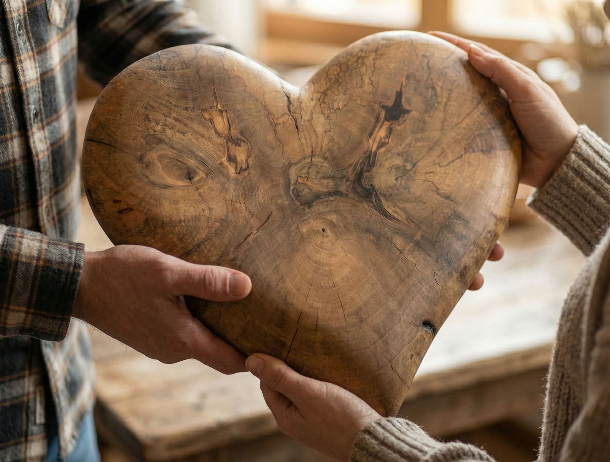 Two people's hands hold a large, natural solid wood heart with prominent grain and texture.