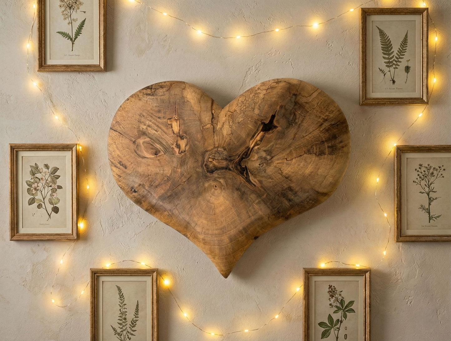 Natural solid wood heart wall art showing grain, framed botanical prints, and glowing string lights.