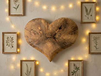 Natural solid wood heart wall art showing grain, framed botanical prints, and glowing string lights.