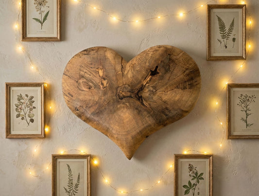 Natural solid wood heart wall art showing grain, framed botanical prints, and glowing string lights.