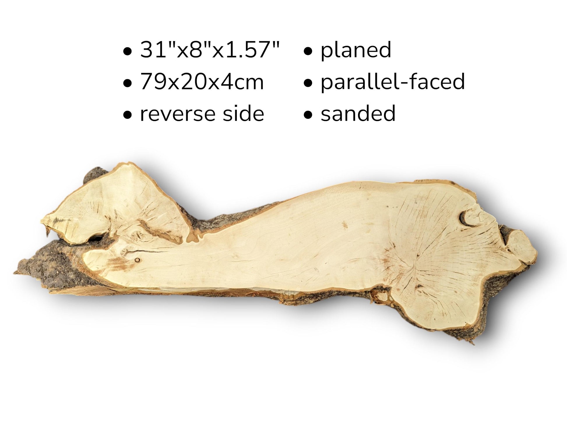 Reverse view of sanded linden wood slice with bark, accompanied by text listing dimensions and finish.