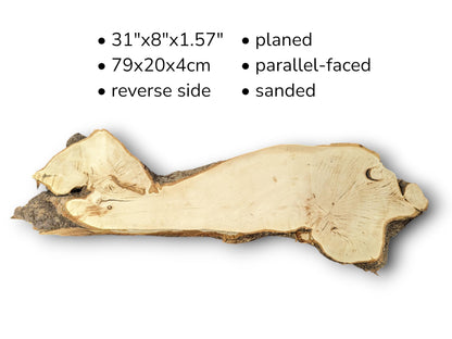 Reverse view of sanded linden wood slice with bark, accompanied by text listing dimensions and finish.
