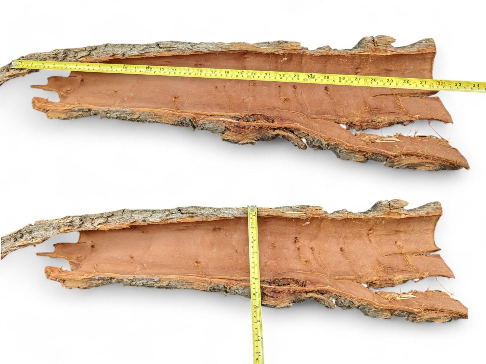 Two pieces of natural wood bark displaying smooth reddish-brown interior and rugged gray exterior, with tape measures.