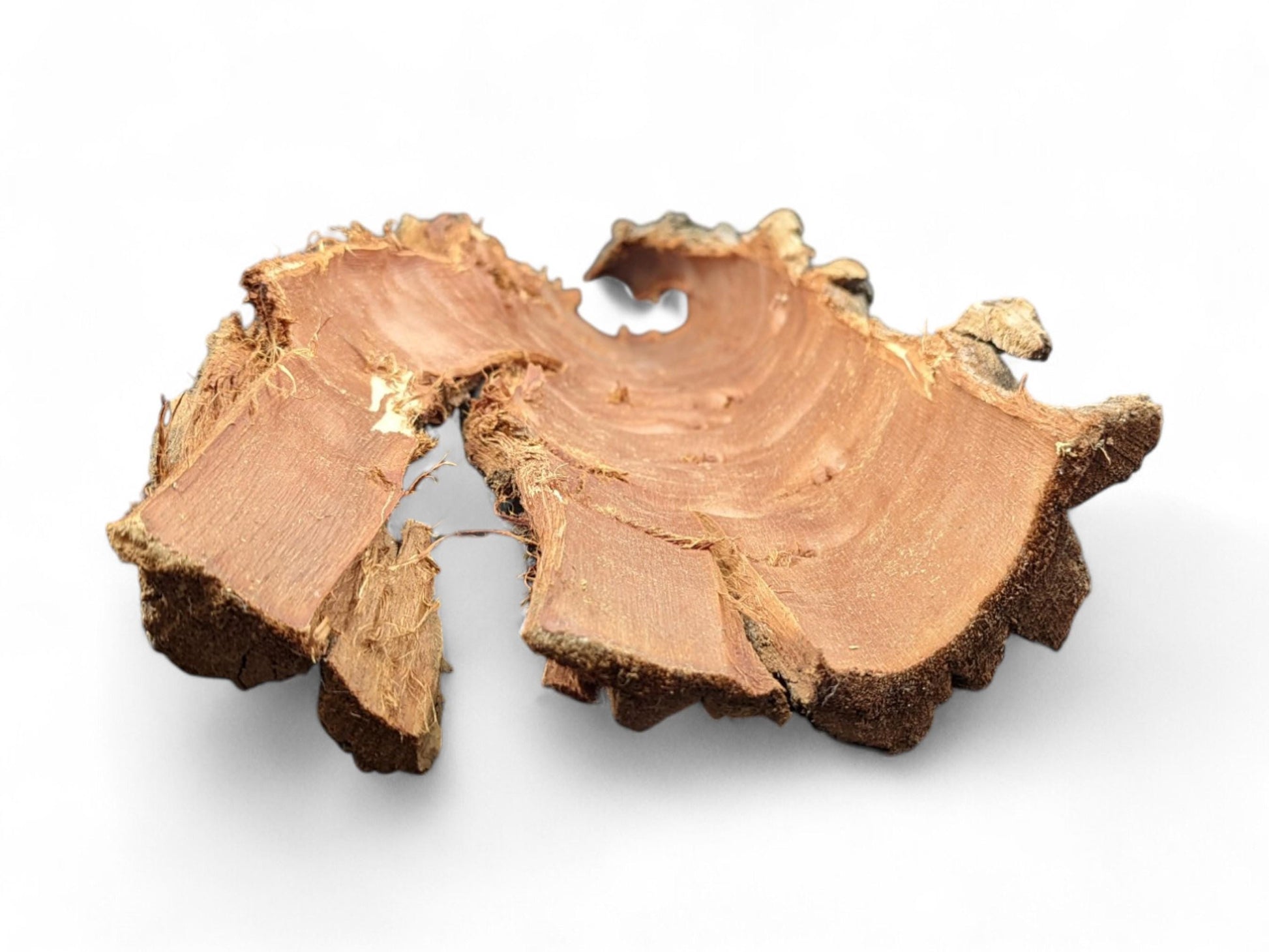 Two irregular pieces of natural wood bark with smooth reddish-brown interiors and dark, rugged exteriors.