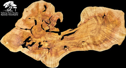 Image displaying white text 'Talking Tree Studio Epoxy Example' and an irregular golden-brown wood slice.