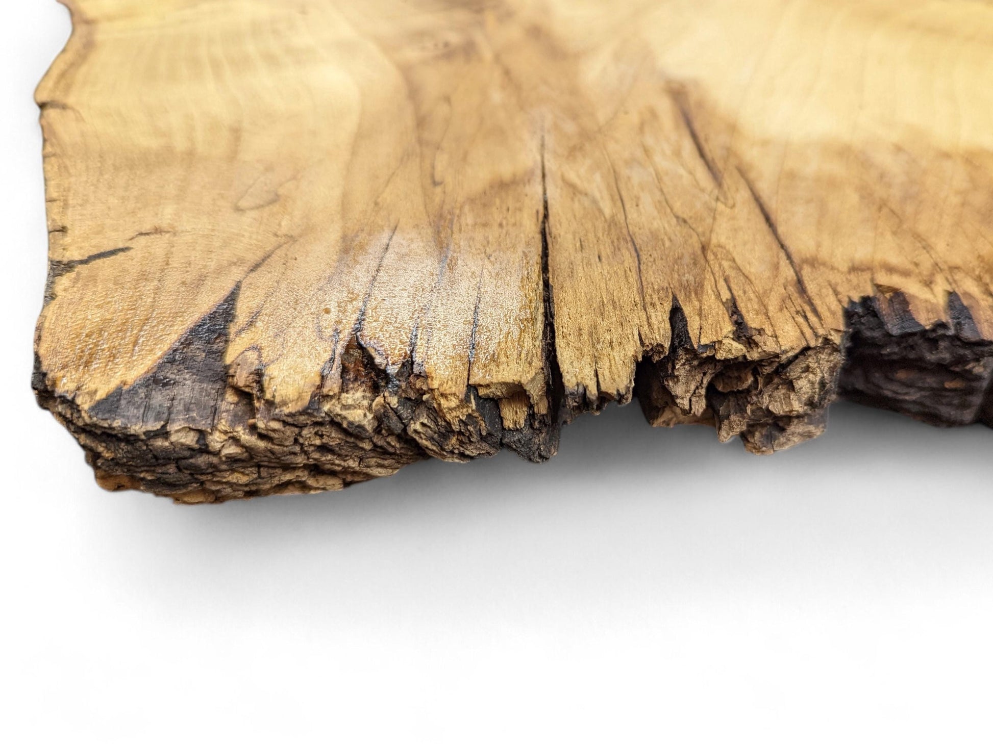 Jagged piece of golden-brown wood showing textured live edge bark, distinct grain, and multiple cracks.