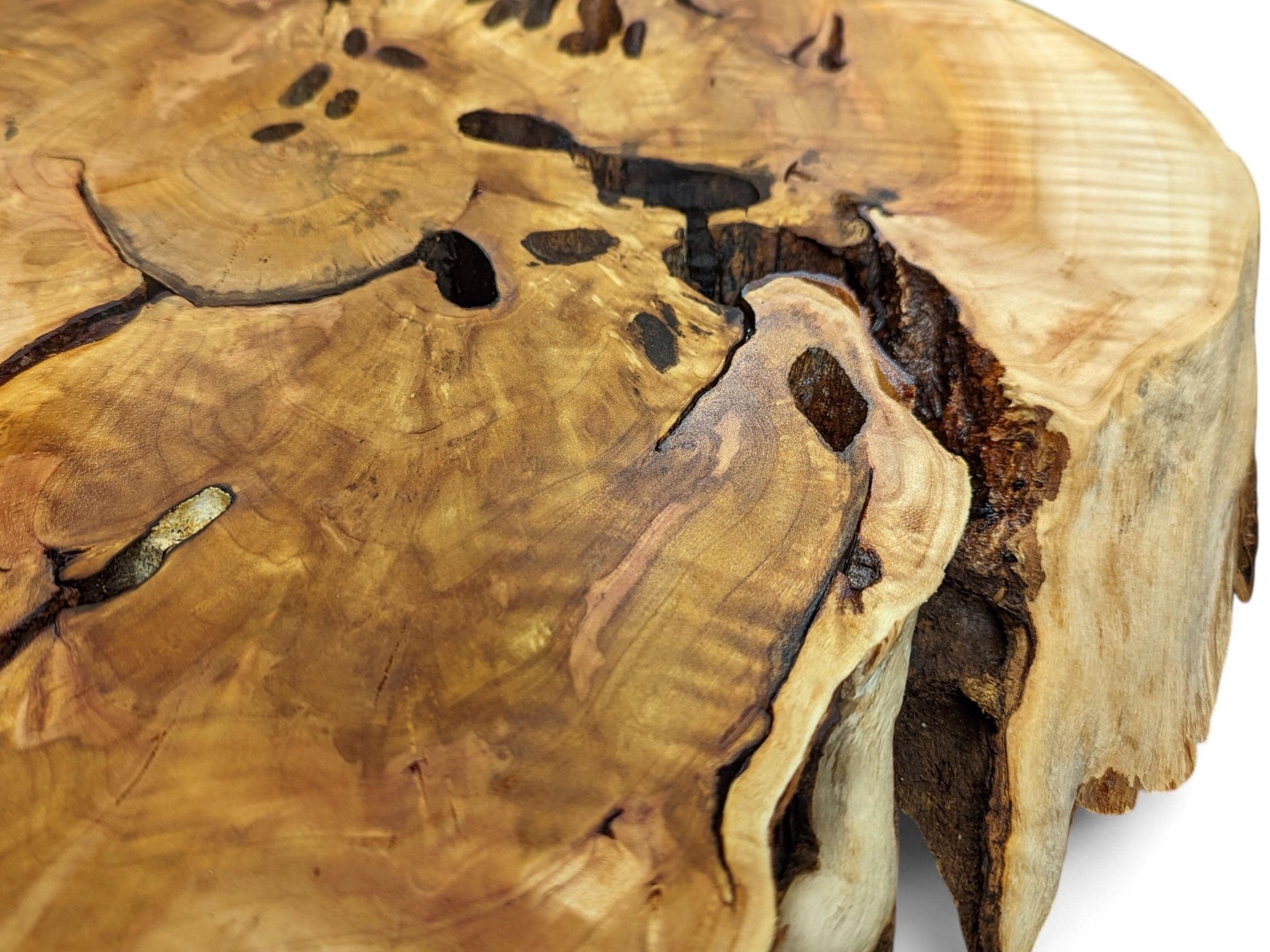 Detailed view of a golden-brown wood slab showing distinct grain, multiple dark voids, and a textured live edge.