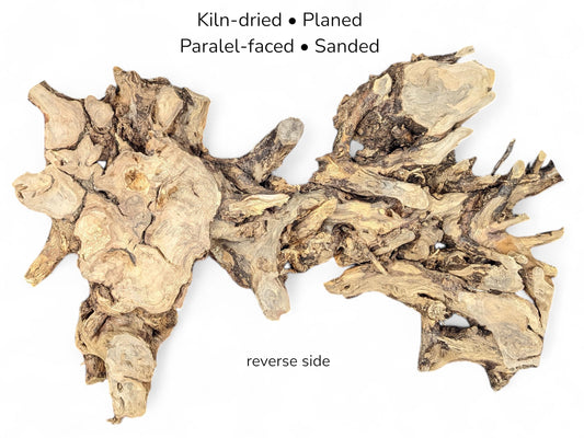 Knobbly beige hazel root wood displaying rough texture with text listing specifications and reverse side label.