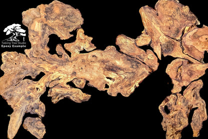 Informational graphic: gnarled, irregular, light and dark brown hazel root wood slice, 'Epoxy Example' text.