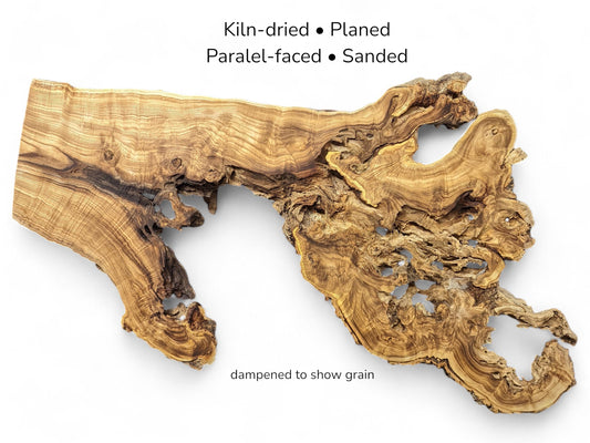 Irregular golden-brown root slice displaying intricate grain and natural voids with text detailing wood preparation.