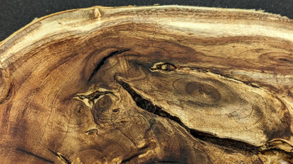 Brown wood root slice revealing rich grain patterns, prominent knots, and dark, irregular cracks.