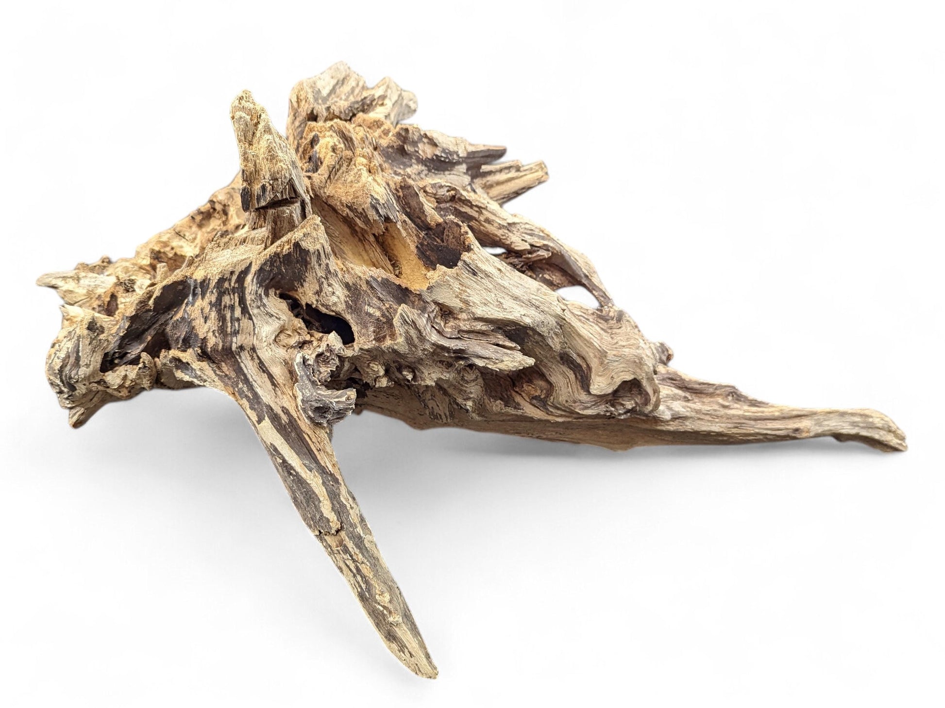 Gnarly, weathered driftwood, light and dark brown, featuring a rough texture and pointed, complex shapes.