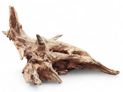 Multi-branched, light brown driftwood featuring a very rough, deeply grooved texture and several pointed segments.