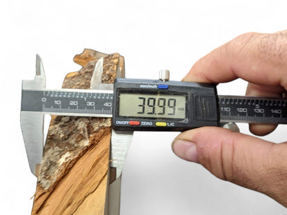 A digital caliper held by a hand measures a rough bark wood slice at 39.99 mm.
