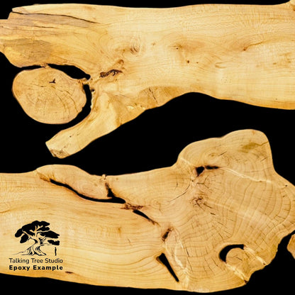 Image with two irregular light wood slices, showing distinct grain and 'Talking Tree Studio Epoxy Example' text.