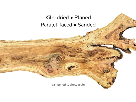 Elongated honey locust root slice displaying swirling grain and knots, with text details describing wood preparation.
