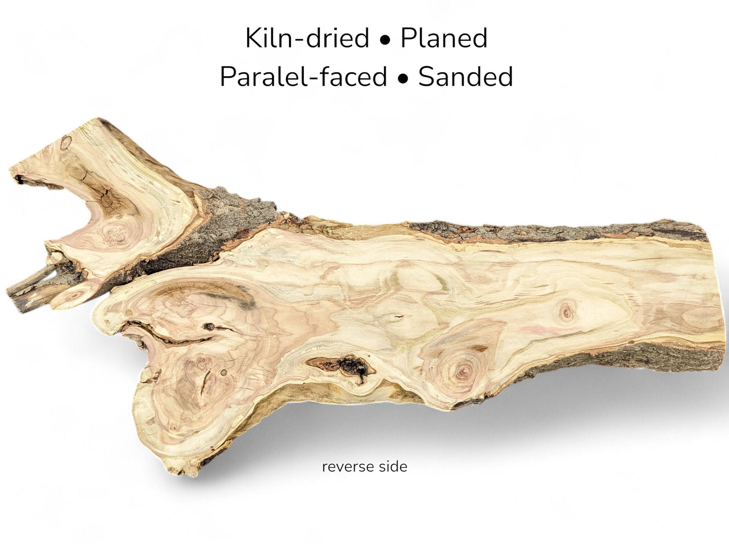 Visual guide of a light-colored live edge wood slab, reverse side, and preparation text overlay.