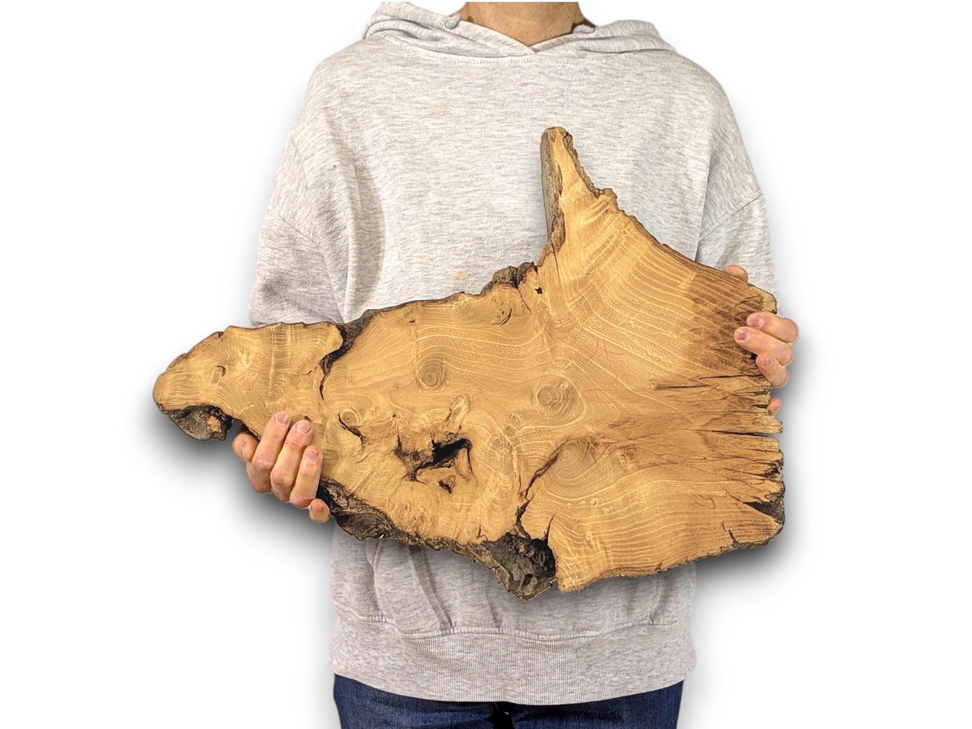A person in a grey hoodie holds an irregular, light brown live edge wood slice with prominent grain.
