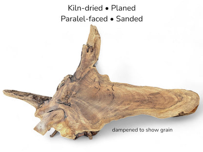 Image showing an irregular, light brown wood slab with prominent grain, and preparation text.