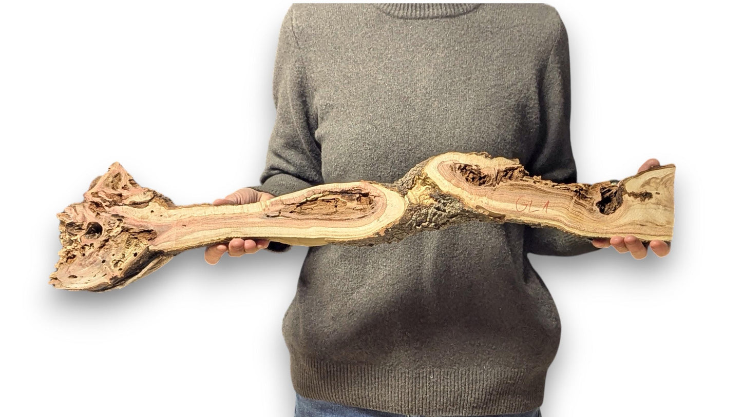 A long, irregularly shaped live edge wood piece, held by hands, reveals natural grain and cavities.