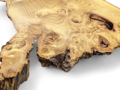 Close-up shows a golden brown black locust wood slice with intricate burls, swirling grain, and dark live edge.