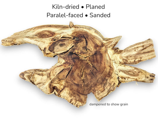 Irregular wood root slice displaying dark grain patterns and light edges with text listing processing details.