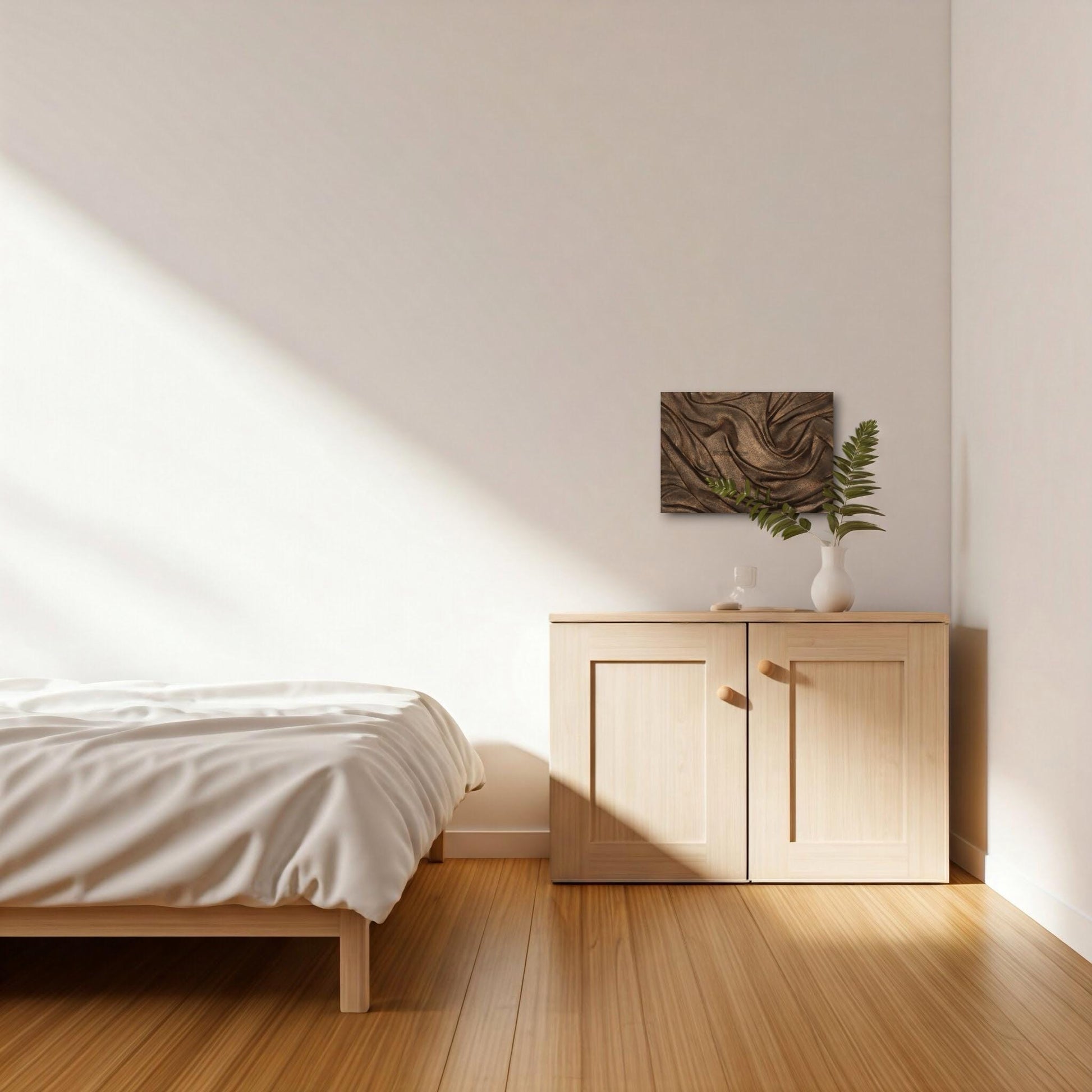 A dark brown walnut wall art, 53x35x5cm, displays fabric-like relief, surface treated with natural oils.
