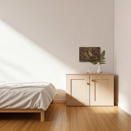 A dark brown walnut wall art, 53x35x5cm, displays fabric-like relief, surface treated with natural oils.