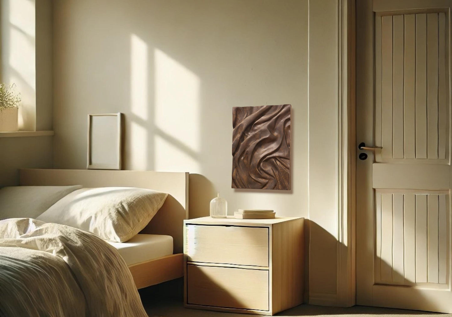 Solid walnut wall art with dark brown, fabric-like relief, treated with natural oils, in a bedroom.