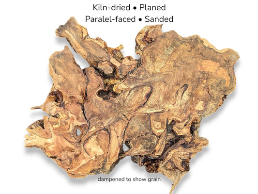 Irregular golden-brown wood slice with complex grain and text overlays noting kiln-dried, planed, and sanded status.