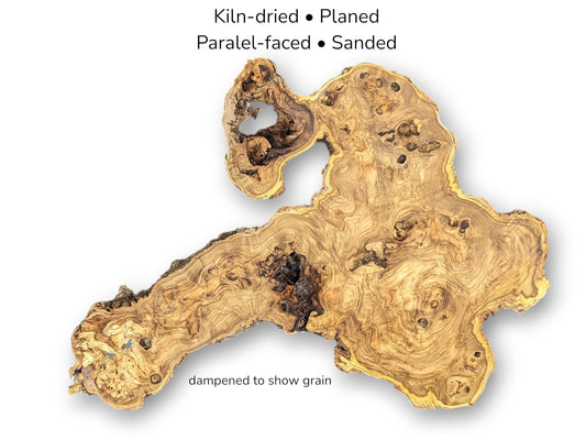 Irregular wood slice featuring swirling golden grain, dark knots, holes, and text detailing preparation methods.