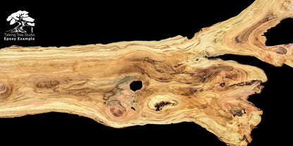 Horizontal view of a light-toned honey locust root slice, with prominent grain, irregular edges, and 'Epoxy Example' text.
