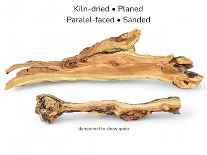 Image showing two irregular, light brown wood pieces with text describing their preparation and grain.