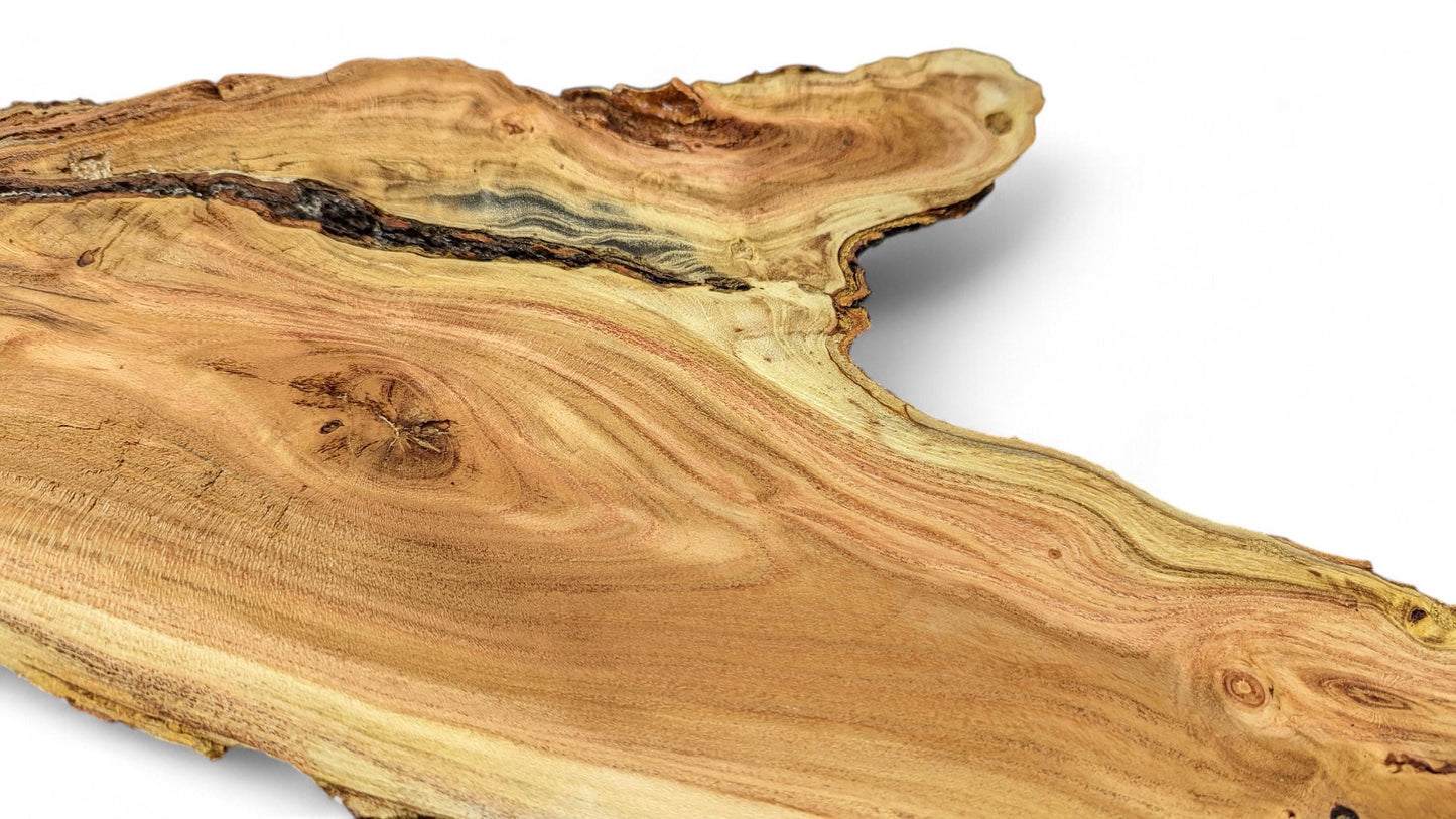 Close-up of an irregular live edge golden-brown honey locust wood slice with prominent grain patterns and dark crevices.