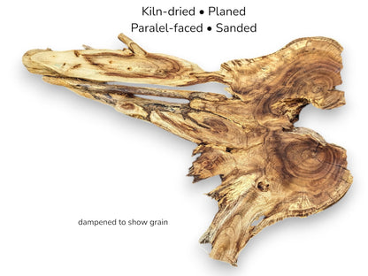 Image showing a brown live edge wood root slice with rich grain and descriptive text.