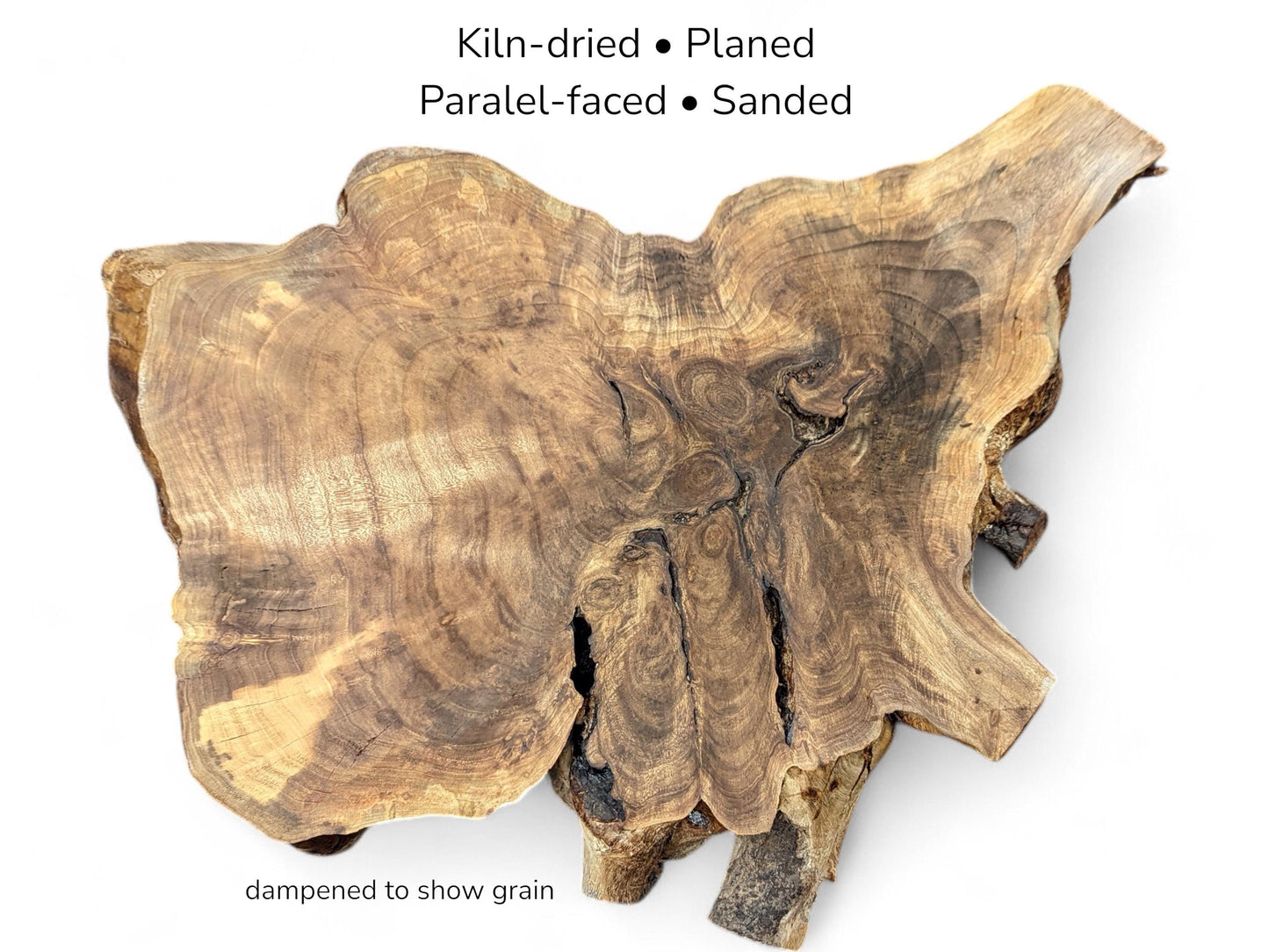 Irregular walnut root slice featuring swirling brown grain and cracks, with text listing processing details.