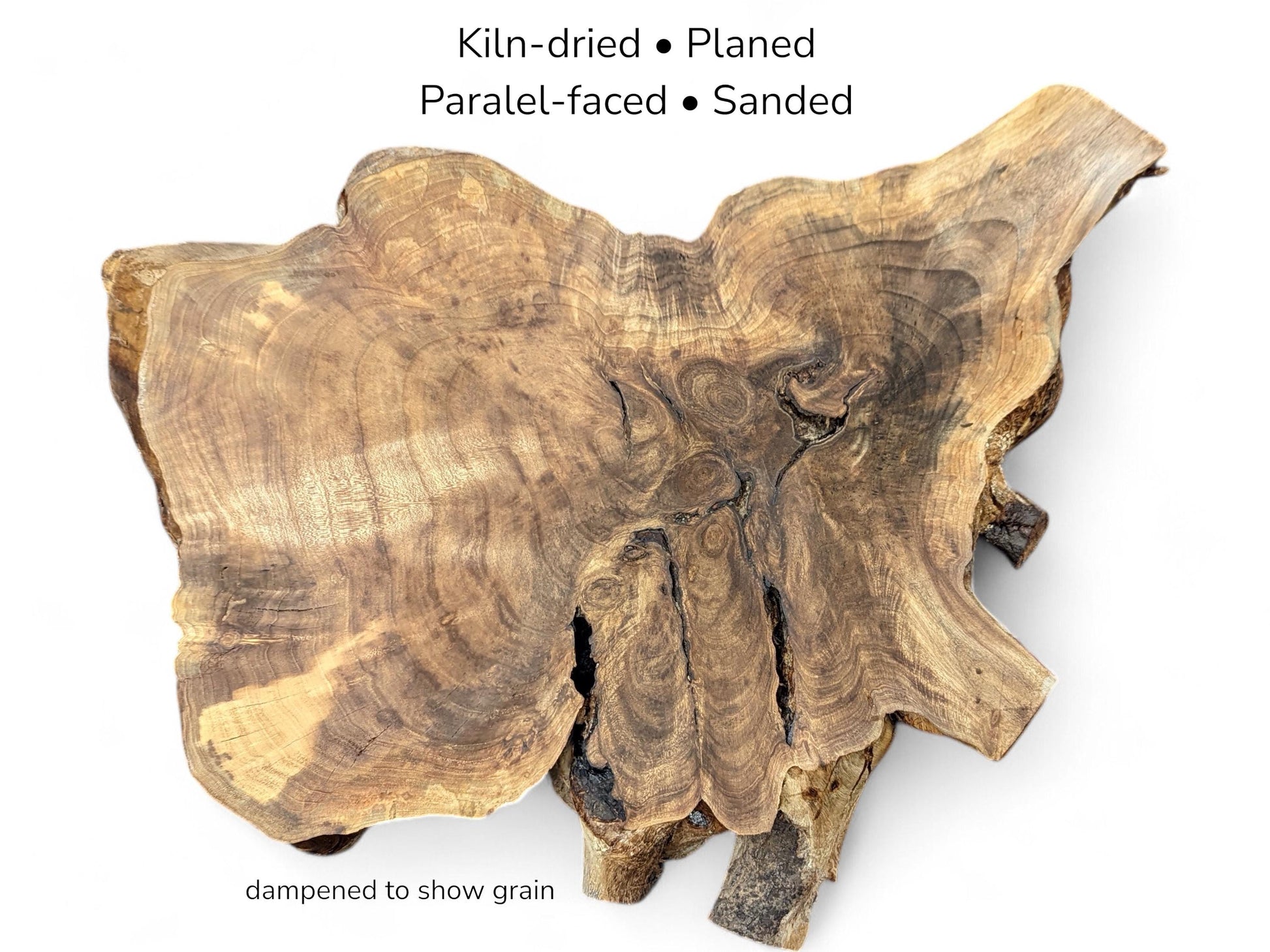 Irregular walnut root slice featuring swirling brown grain and cracks, with text listing processing details.