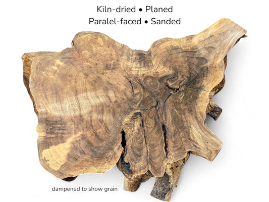 Irregular walnut root slice featuring swirling brown grain and cracks, with text listing processing details.