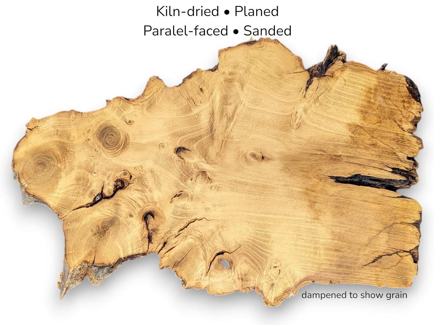 Golden-brown wood slice showing swirling grain and knots, with text detailing kiln-dried and sanded status.