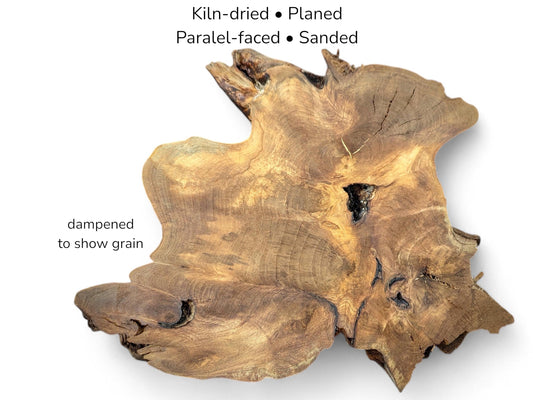 Image with text details showing irregular walnut root slice with dark cracks and swirling brown grain.