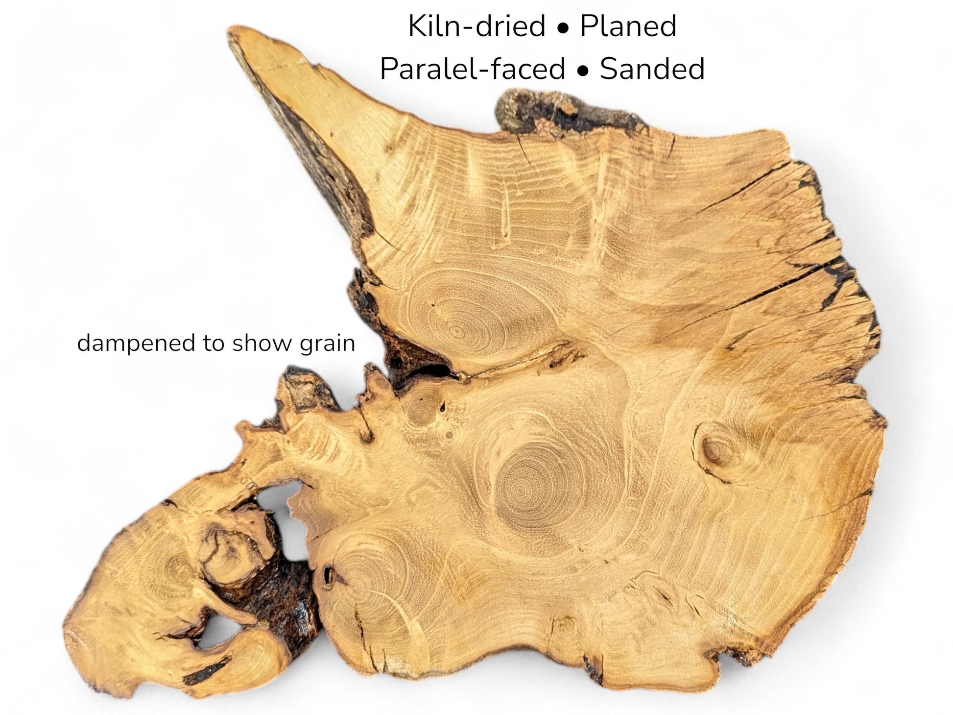 Irregular golden-brown wood slab showcasing detailed growth rings, cracks, and text overlays regarding surface treatment.