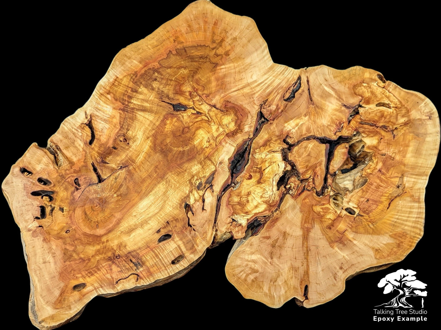Irregularly shaped live edge wood slice, golden-brown with prominent grain and dark crevices, labeled "Epoxy Example."