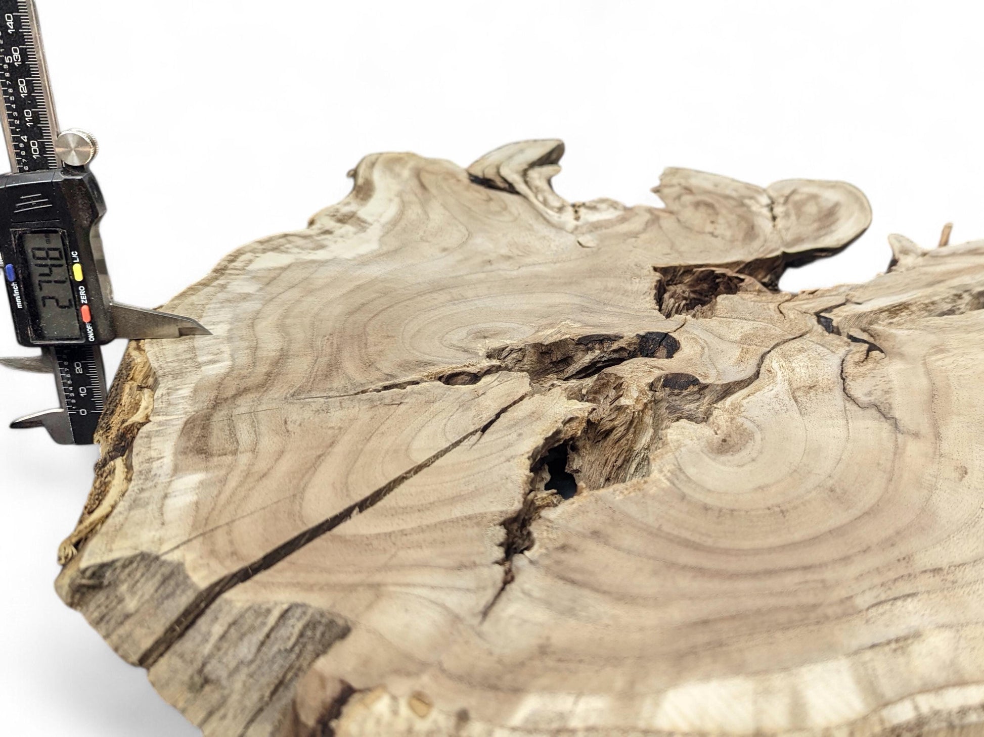 Brown, irregular root wood slice with natural cracks, visible grain, and a caliper displaying 27.48.