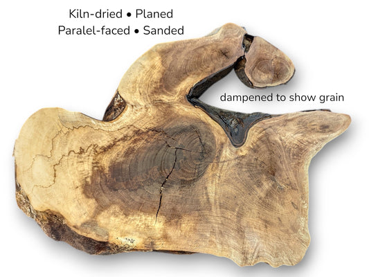 Image with text details displaying irregular walnut root slice featuring dark brown swirling grain patterns.
